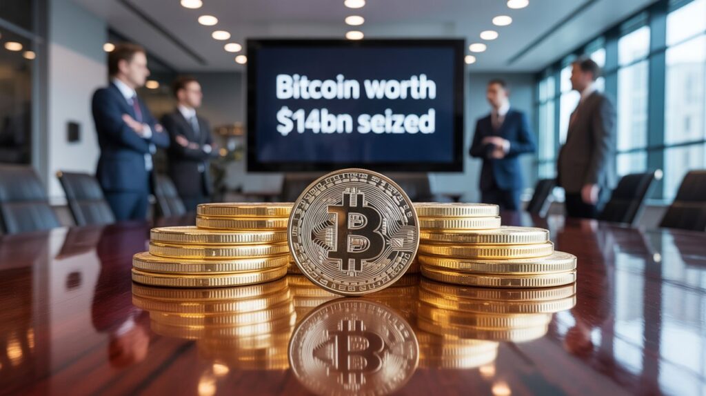 Bitcoin seizure scam, $14bn bitcoin confiscated in US-UK crackdown with law enforcement visuals.