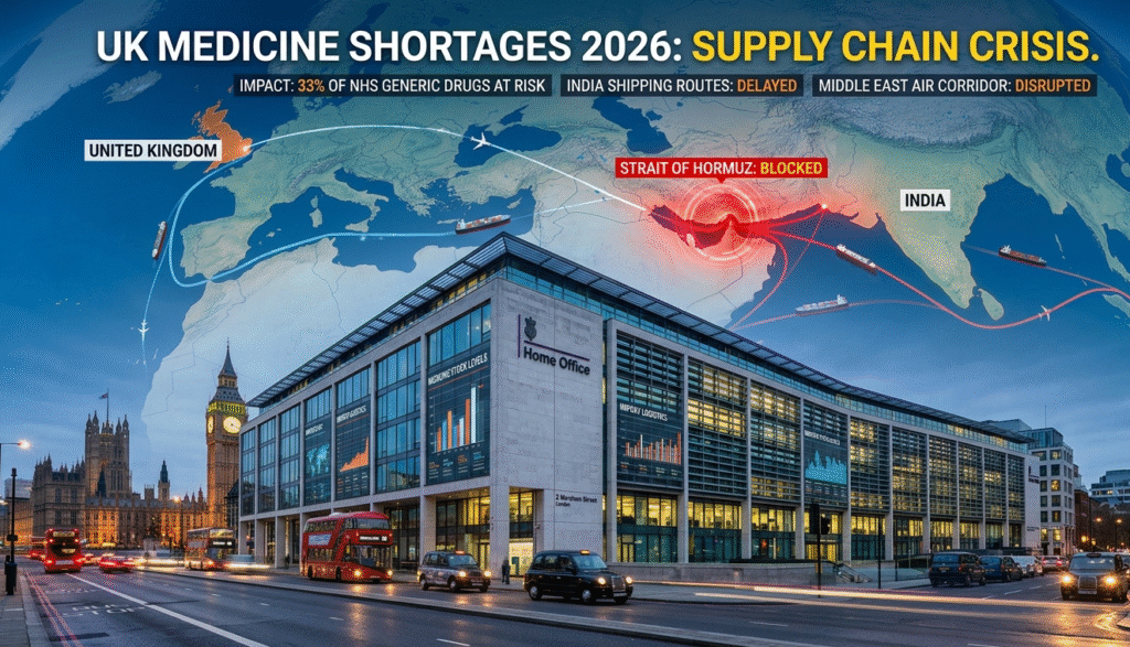 Analysis of UK medicine shortages 2026 due to the Strait of Hormuz conflict and Iranian war logistics.