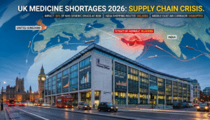Analysis of UK medicine shortages 2026 due to the Strait of Hormuz conflict and Iranian war logistics.