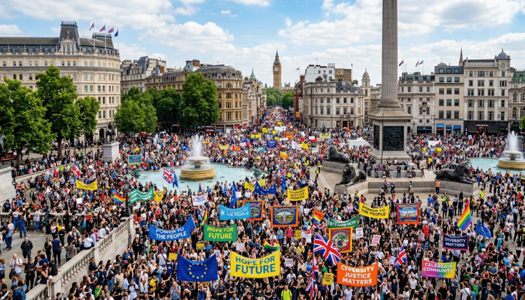 Crowds at the London Multicultural Protest 2026 filling Trafalgar Square and Whitehall to oppose the far right.